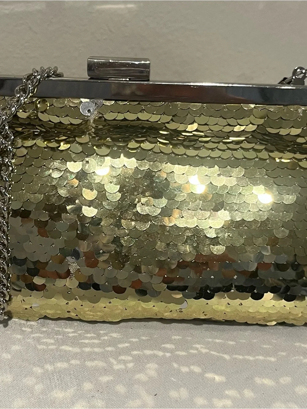 Gold Sequin Evening Clutch with Silver Frame